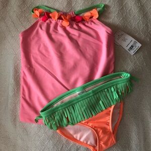 NEW Little Girls Hawaiian Two-Piece Swimsuit Pink Orange Green Size 4/5